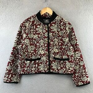 Vintage Tsunami Floral Fleece Jacket Women's XS Velvet Trim Button Front